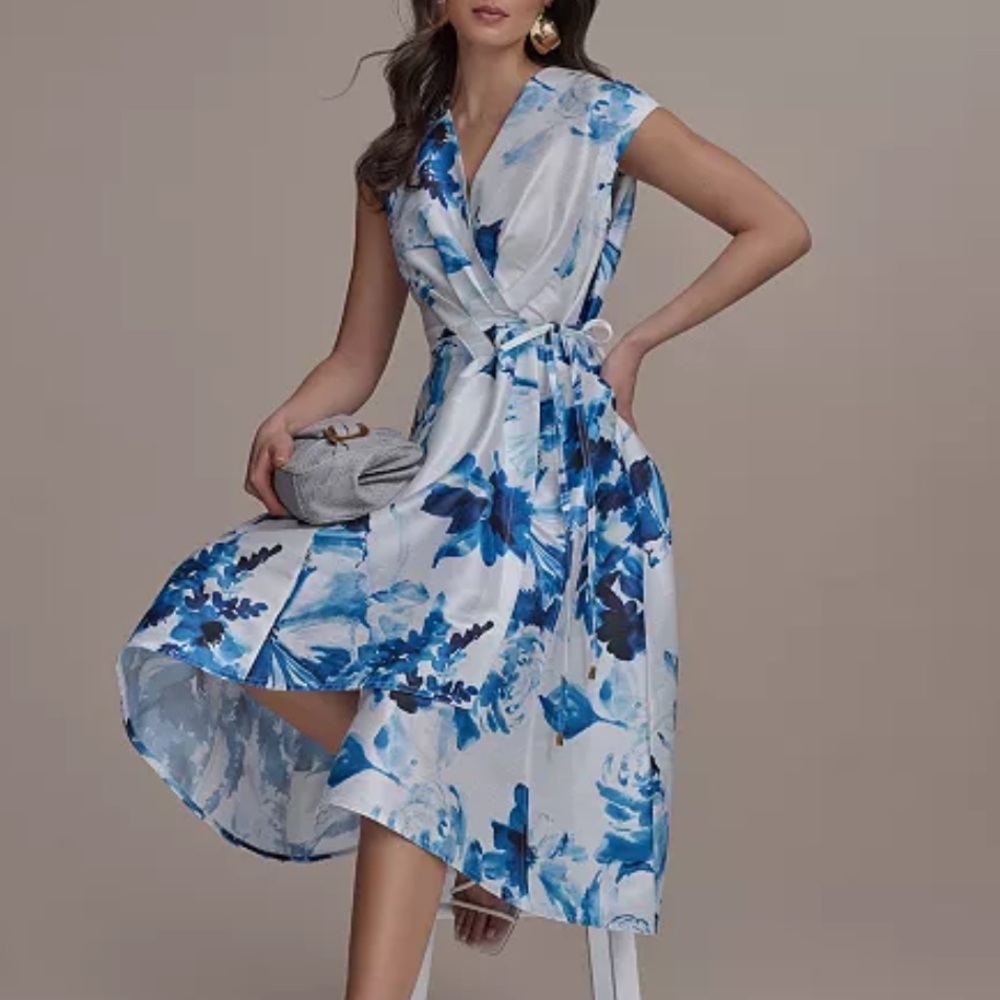 Donna Karan NY Elegant Blue Floral Wrap Midi Dress - Women